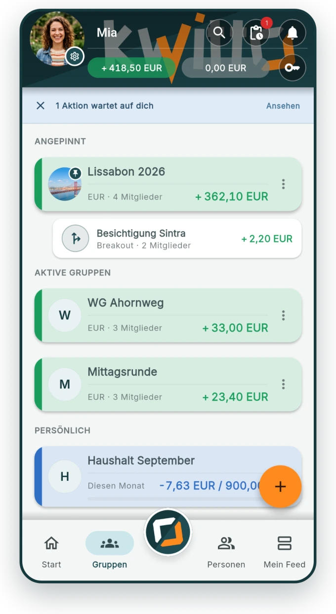 Gruppenübersicht in kwitto mit angepinnter Reise, WG, Mittagsrunde und einer persönlichen Liste.