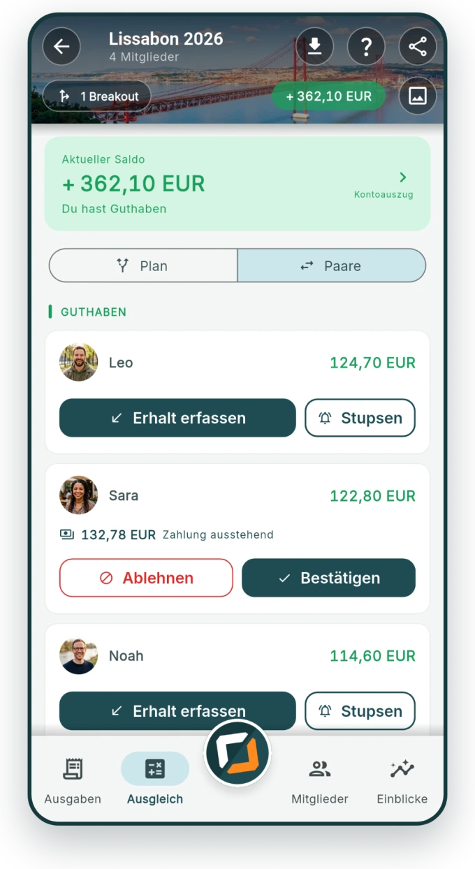 kwitto zeigt den Saldo einer Reisegruppe: Guthaben, offene Zahlungen und Knöpfe zum Erfassen oder Stupsen.