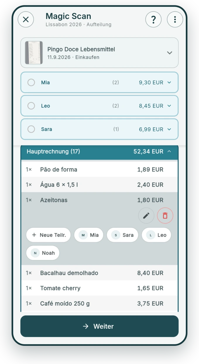 Magic Scan hat die Positionen des Belegs erkannt und ordnet sie den Beteiligten zu.