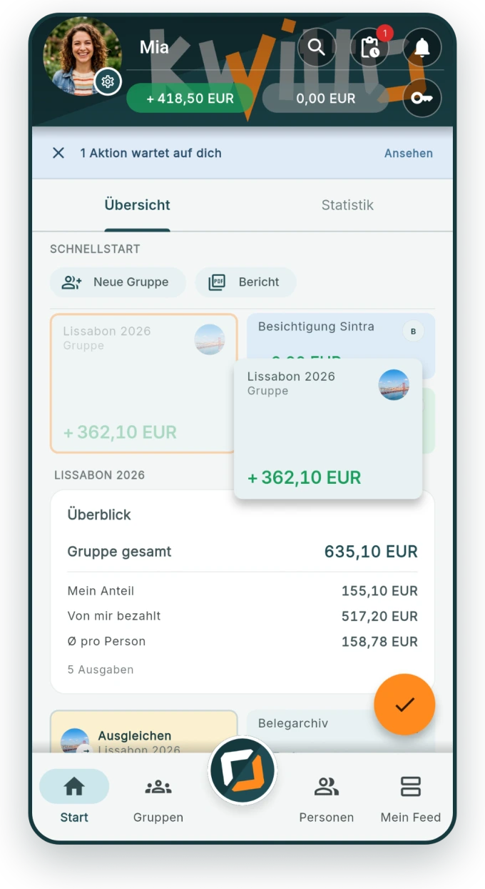 Startbildschirm mit frei angeordneten Kacheln für Gruppen, Listen und Kennzahlen.