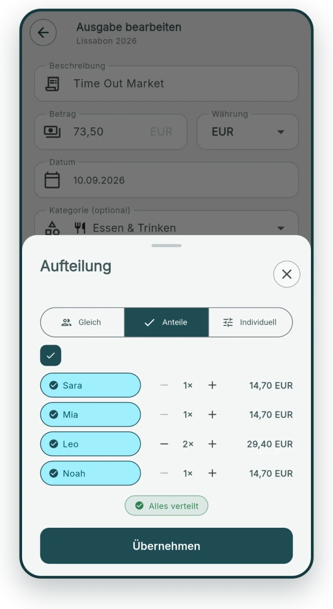 Aufteilungs-Dialog: gleichmäßig, nach Anteilen oder für jeden einzeln.