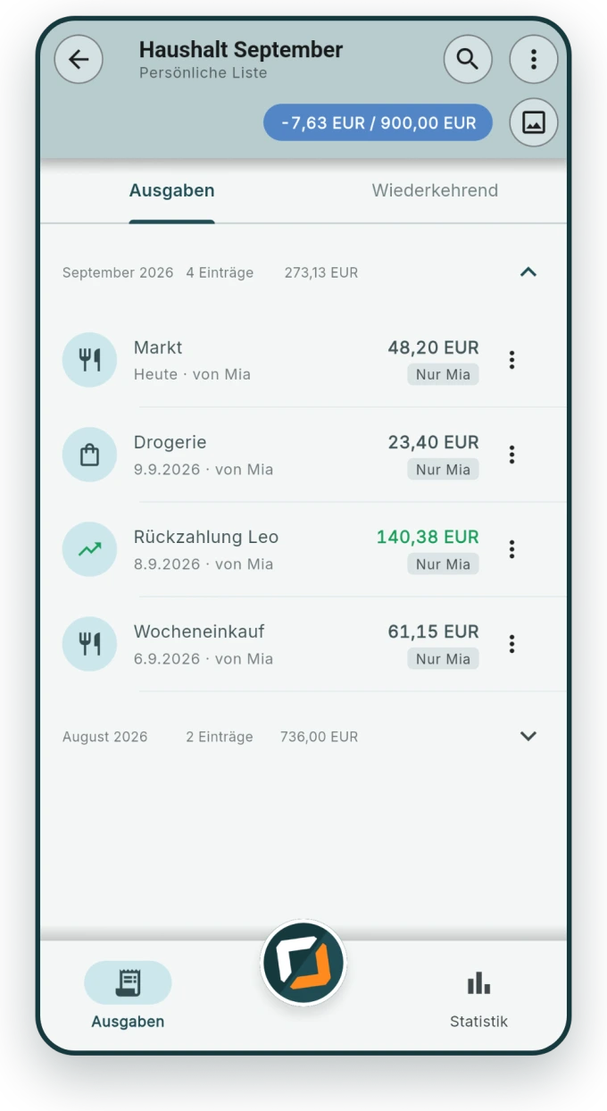 Persönliches Kassenbuch mit Budgetbalken und laufenden Einträgen.
