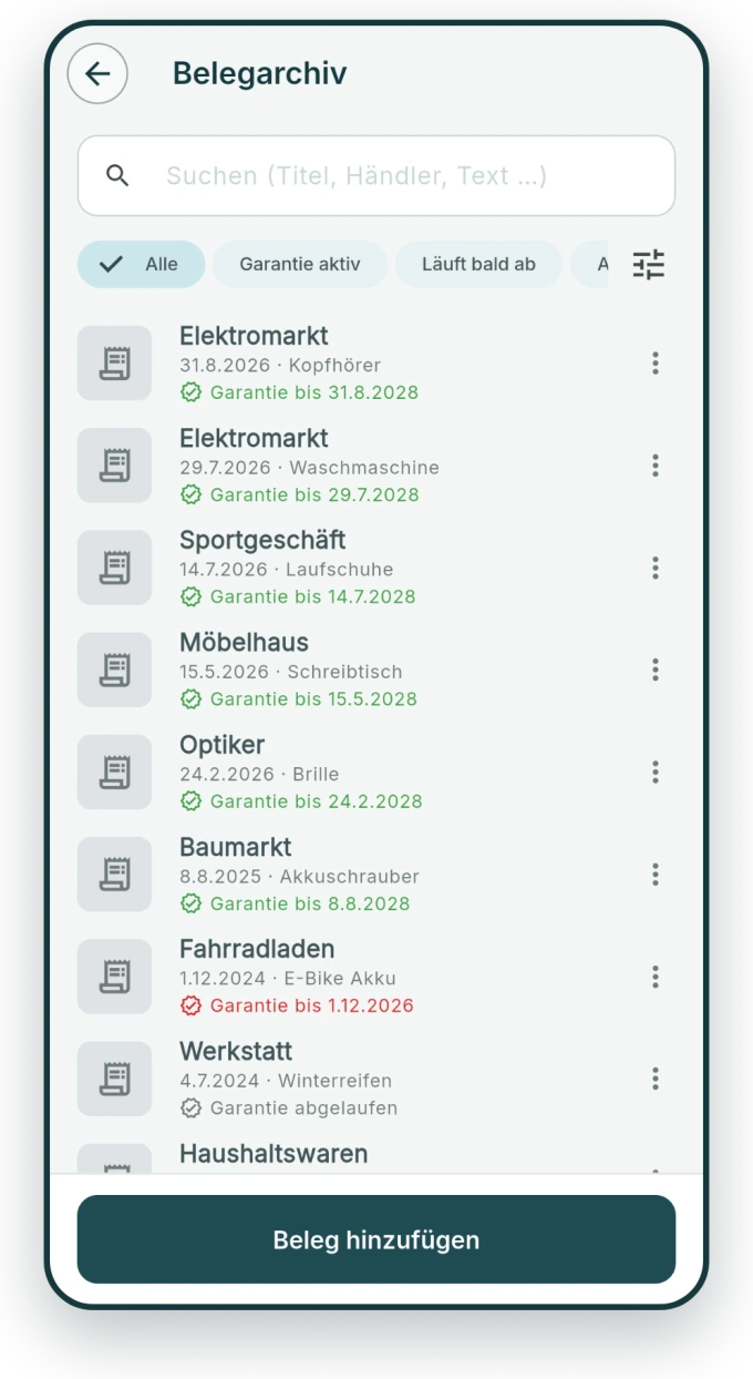 Belegarchiv mit Suche nach Kaufdatum, Schlagwort und Garantiefrist.