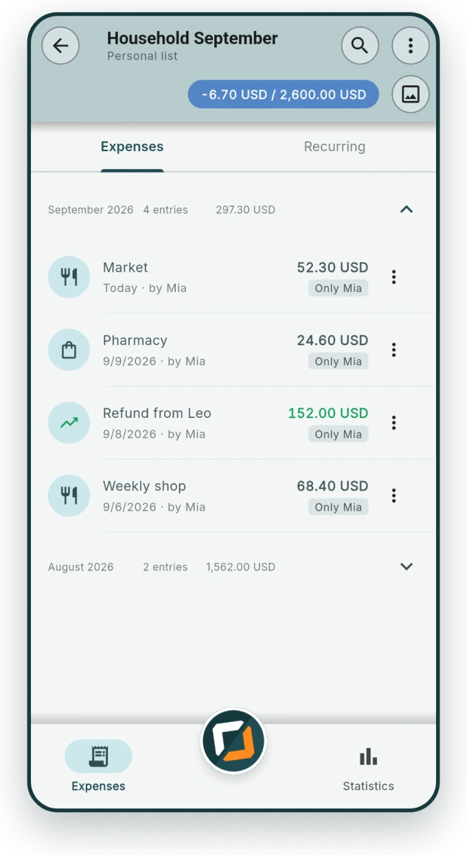 Personal cashbook with a budget bar and running entries.