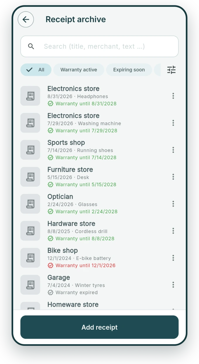Receipt archive with search by purchase date, keyword and warranty period.